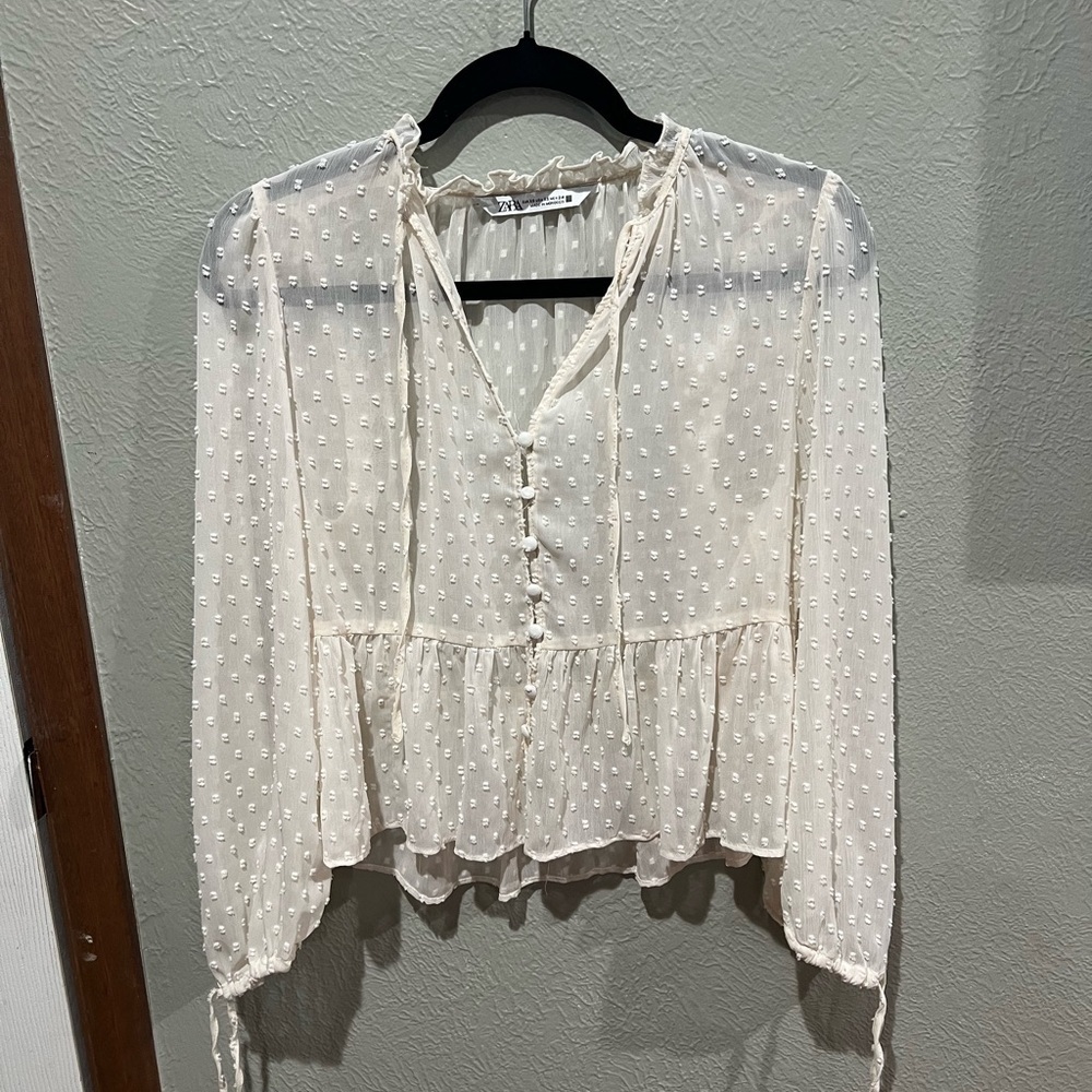 Zara Elegant Cream Button-Down Blouse Sheer Boho Top EUC Size XS